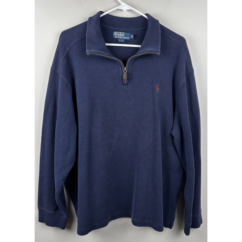 Polo Ralph Lauren Sweater Mens XL Navy Blue Quarter Zip Pony Logo 100% Cotton